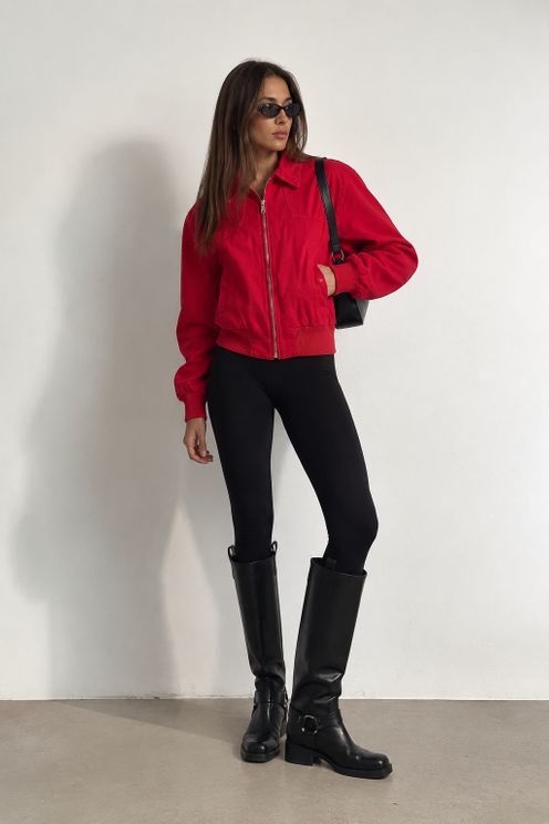 Red Cotton Canvas Cropped Bomber Jacket