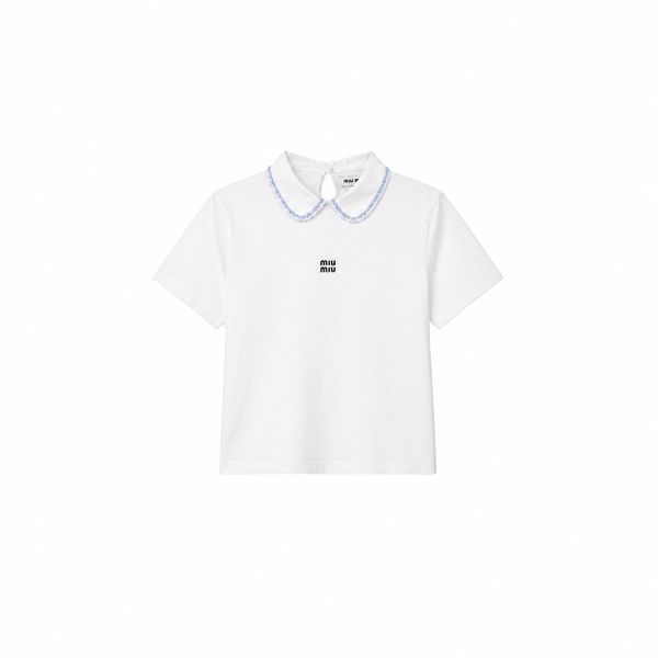 White Cotton T-Shirt with Peter Pan Collar