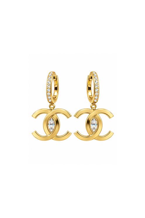 Gold Tone Crystal CC Drop Earrings