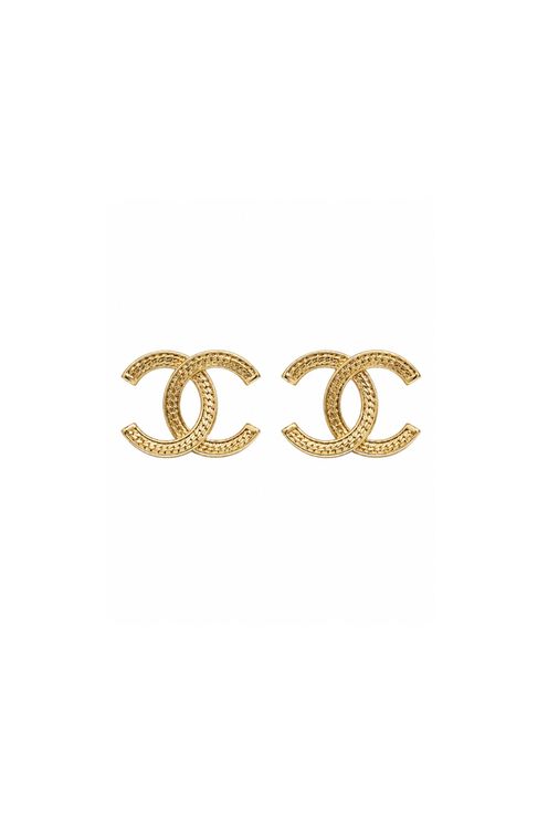 Gold Tone Textured Interlocking CC Stud Earrings