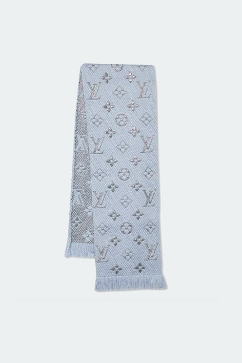 Blue Wool Silk Logomania Shine Scarf