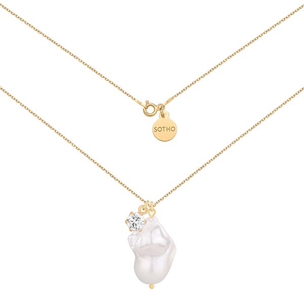 Złoty naszyjnik z barokową perłą i bezbarwną cyrkonią